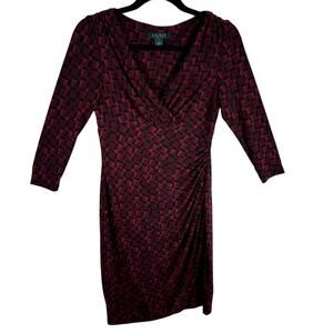 Lauren Ralph Lauren Red Black 3/4 Sleeve Faux Wrap Stretchy Jersey Knit Dress 4